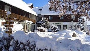 Das Familienhotel Der Ponyhof Steiermark im Winter.