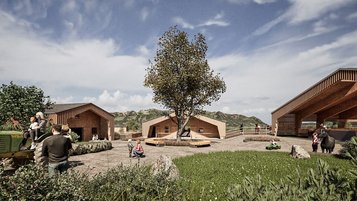 Eine Visualisierung des neuen Dorfplatzes an der neuen Reithalle am Allgäuer Berghof.