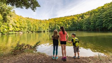 Wandern in der Rhön: Drei Kinder stehen am Strand eines Walsee auf dem "Schönseerundweg".