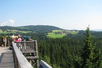 Aussichtsplattform auf die Landschaft und Berge in der Nähe vom Kinderhotel Bruckwirt in Oberösterreich.