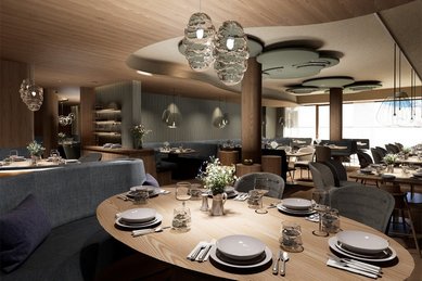 Visualisierung der neuen Stube im Familienhotel Zauchenseehof mit stilvollem Holzdesign, runden Tischen und moderner Beleuchtung.
