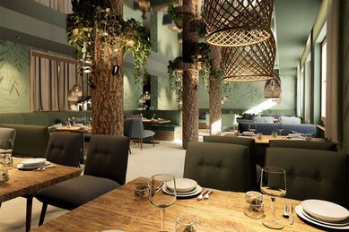 Modern gestaltetes Restaurant mit Baumstämmen und Hängelampen im Familienhotel Zauchenseehof.