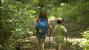 Zwei Kindern wandern im Wald im Allgäu.