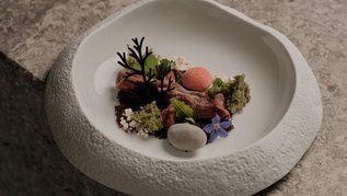 Gourmet-Dessert auf weißem Keramikteller: Schoko-Elemente mit grünen Cremetupfen, rosa Kugel, grauem Sorbet und essbaren Blüten auf dunklem Crumble.
