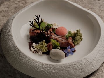 Gourmet-Dessert auf weißem Keramikteller: Schoko-Elemente mit grünen Cremetupfen, rosa Kugel, grauem Sorbet und essbaren Blüten auf dunklem Crumble.