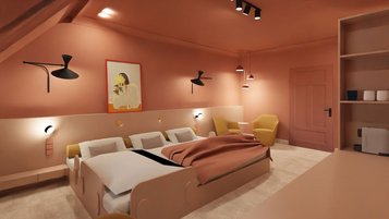 Warm gestaltetes Schlafzimmer in Terrakottatönen mit großem Bett, gelben Sesseln, modernen Wand- und Pendelleuchten sowie dekorativem Kunstbild über dem Bett.