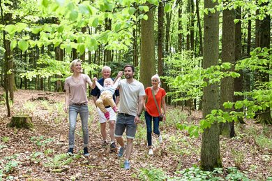 Eine Familie mit Oma und Opa beim Spaziergang durch einen Wald