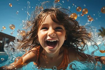 Ein fröhliches und lachendes Mädchen planscht im Swimmingpool in einem Familienhotel und macht ein Selfie mit dem Handy.