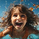 Ein fröhliches und lachendes Mädchen planscht im Swimmingpool in einem Familienhotel und macht ein Selfie mit dem Handy.