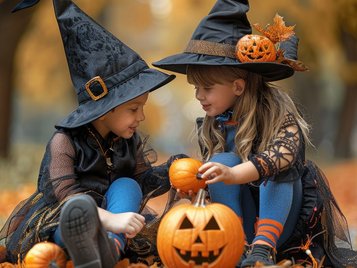 Zwei Kinder sitzen für Halloween verkleidet am Boden zwischen Herbstlaub mit Kürbissen.