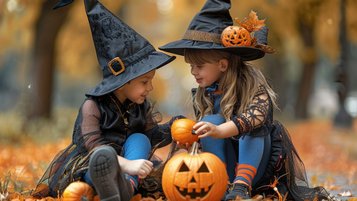 Zwei Kinder sitzen für Halloween verkleidet am Boden zwischen Herbstlaub mit Kürbissen.