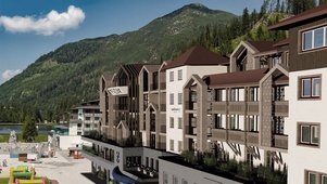 Visualisierung des Familienhotels Zauchenseehof im Sommer mit Blick auf das modernisierte Gebäude und den angrenzenden Spielbereich vor der Bergkulisse.