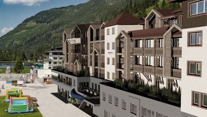 Visualisierung des Familienhotels Zauchenseehof im Sommer mit Blick auf das modernisierte Gebäude und den angrenzenden Spielbereich vor der Bergkulisse.