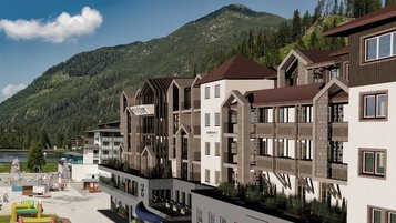 Visualisierung des Familienhotels Zauchenseehof im Sommer mit Blick auf das modernisierte Gebäude und den angrenzenden Spielbereich vor der Bergkulisse.