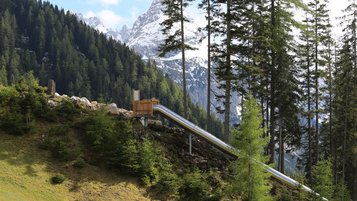 Alpine Rutsche an einem bewaldeten Berghang mit schneebedeckten Gipfeln im Hintergrund.