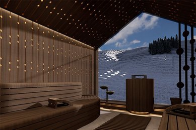 Visualisierung der neuen Panoramasauna im Zauchenseehof: Nach dem Umbau genießen Gäste eine stilvolle Sauna mit atemberaubendem Blick auf die verschneiten Berge des Salzburger Landes.