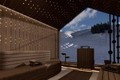 Visualisierung der neuen Panoramasauna im Zauchenseehof: Nach dem Umbau genießen Gäste eine stilvolle Sauna mit atemberaubendem Blick auf die verschneiten Berge des Salzburger Landes.