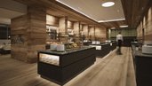 Der Speisesaal Buffet im Familienhotel Gorfion in Liechtenstein mit Buffetbereich und Holzdetails im neuen Restaurant.