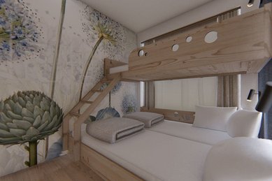 Familienzimmer mit Stockbett und großflächiger Blumen-Tapete im Familienhotel Zauchenseehof.