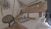 Familienzimmer mit Stockbett und großflächiger Blumen-Tapete im Familienhotel Zauchenseehof.