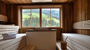 Biosauna mit Aussicht auf die Landschaft im Familienhotel Galtenberg Family & Wellness Resort in Tirol.