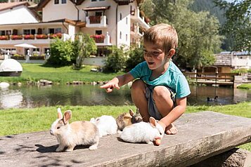 Kleiner Junge streichelt einen Hasen im Freilaufgehege vom Familienhotel Alphotel Tyrol Wellness & Family Resort in Südtirol.