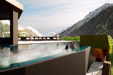 Visualisierung eines beheizten Infinity-Pools auf der Dachterrasse des Alpura Retreats mit Panoramablick auf die umliegenden Alpen.