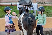 Zwei Kinder pflegen ein Pony auf dem Reitplatz des Familienhotels Landhaus zur Ohe im Bayerischen Wald.