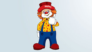 Familotel Maskottchen Clown Happy zeigt einen Daumen hoch.