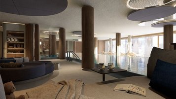 Visualisierung des neuen Indoor-Pools im Zauchenseehof: Nach dem Umbau lädt der stilvolle Badebereich mit gemütlichen Ruhezonen und modernem Design zum Entspannen im Familienhotel im Salzburger Land ein.