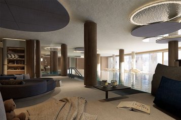 Visualisierung des neuen Indoor-Pools im Zauchenseehof: Nach dem Umbau lädt der stilvolle Badebereich mit gemütlichen Ruhezonen und modernem Design zum Entspannen im Familienhotel im Salzburger Land ein.