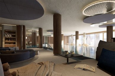 Visualisierung des neuen Indoor-Pools im Zauchenseehof: Nach dem Umbau lädt der stilvolle Badebereich mit gemütlichen Ruhezonen und modernem Design zum Entspannen im Familienhotel im Salzburger Land ein.