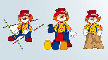 Maskottchen Clown Happy bei den Disziplinen der Familien Olympiade