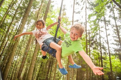 Zwei Kinder schwingen im Sommerurlaub im Bayerischen Wald an einer Schaukel im Wald nahe des Familienhotels