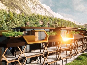 Eine Zeichnung der neuen Aussenfassade des Alpura Retreat in Südtirol. 
