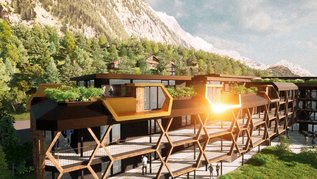 Eine Zeichnung der neuen Aussenfassade des Alpura Retreat in Südtirol. 