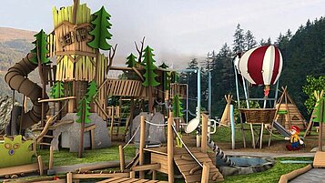 Visualisierung des neuen Outdoor-Spielplatzes im Familien Bauernhof Resort Habachklause mit Clown Happy