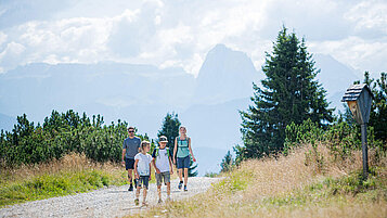 Vierköpfige Familie beim Wandern durch die Südtiroler Bergwelt.