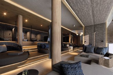 Visualisierung der neuen Ruheoase im Zauchenseehof: Nach dem Umbau lädt der stilvolle Ruhebereich mit gemütlichen Liegen und warmem Lichtdesign zum Entspannen im Familienhotel im Salzburger Land ein.