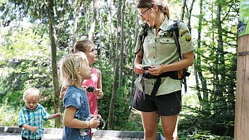 Drei Kinder beim Wandern auf einem Erlebnispfad im Schwarzwald gemeinsam mit einer Kinderbetreuerin.