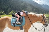 Kind liegt entspannt auf einem Haflinger im Familienhotel Kindl.