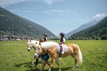 Kinder reiten auf Haflingern durch eine idyllische Wiese im Familienhotel Kindl.