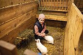 Mädchen streichelt zwei Hasen im Kleintierbereich des Familienhotels Alpenhotel Kindl in Tirol.