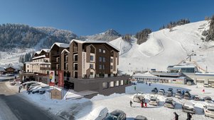 Visualisierung des Familienhotels Zauchenseehof im Winter mit direkter Lage an der Skipiste und Blick auf die Talstation der Zauchenseebahn.