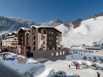 Visualisierung des Familienhotels Zauchenseehof im Winter mit direkter Lage an der Skipiste und Blick auf die Talstation der Zauchenseebahn.