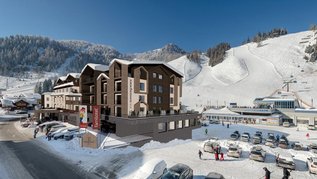 Visualisierung des Familienhotels Zauchenseehof im Winter mit direkter Lage an der Skipiste und Blick auf die Talstation der Zauchenseebahn.