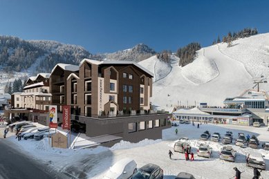 Visualisierung des Familienhotels Zauchenseehof im Winter mit direkter Lage an der Skipiste und Blick auf die Talstation der Zauchenseebahn.