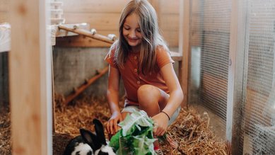 Ein Mädchen füttert Kaninchen im Tierbereich des Familienhotels Oberkarteis im Salzburger Land mit frischem Grünfutter.