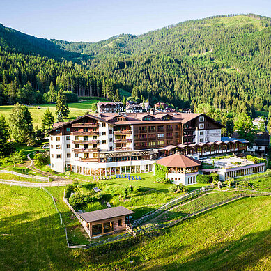 Das Familienhotel Der Kirchheimerhof in Kärnten auf der Luftperspektive.