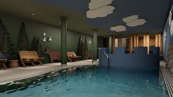 Kinderbecken im Familienhotel Zauchenseehof mit verspielter Wanddekoration und gemütlichen Sitzmöglichkeiten.